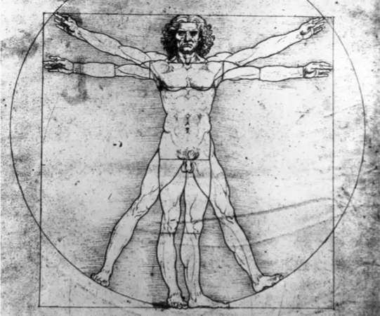El dibujo interpreta las teorías de la proporción del cuerpo del arquitecto Vitruvio.